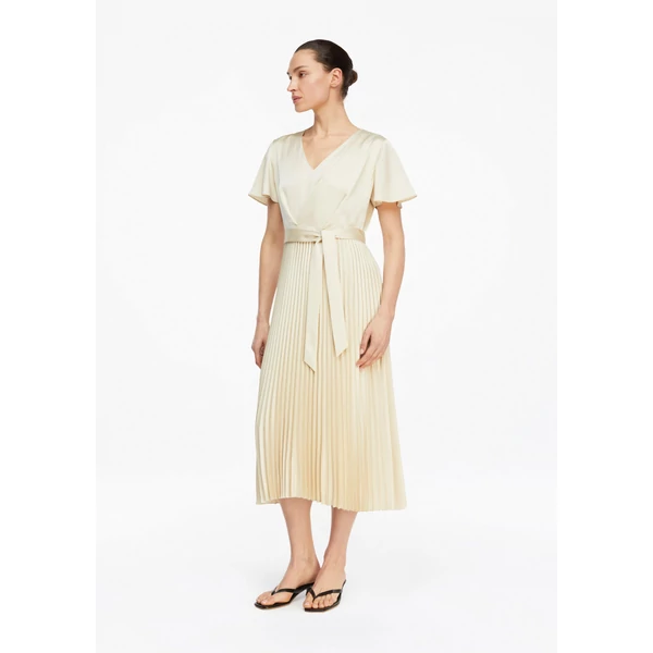 Satin dress with flowing sleeves and pleated skirt