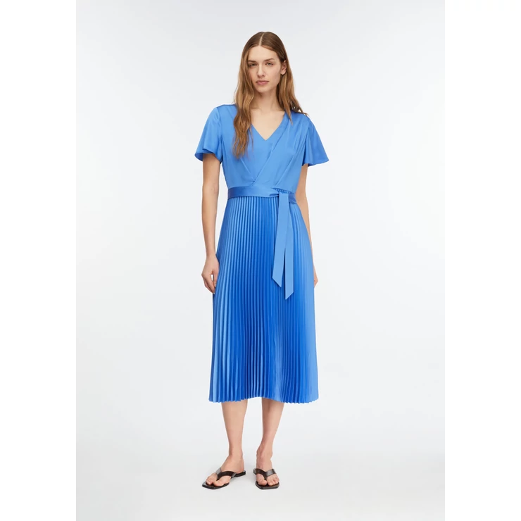 Satin dress with flowing sleeves and pleated skirt