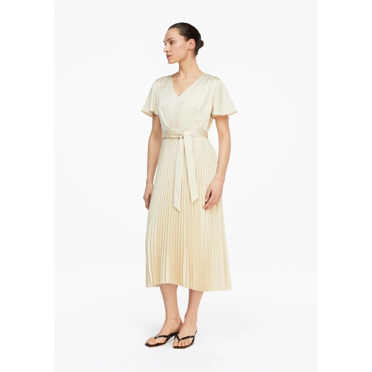 Satin dress with flowing sleeves and pleated skirt